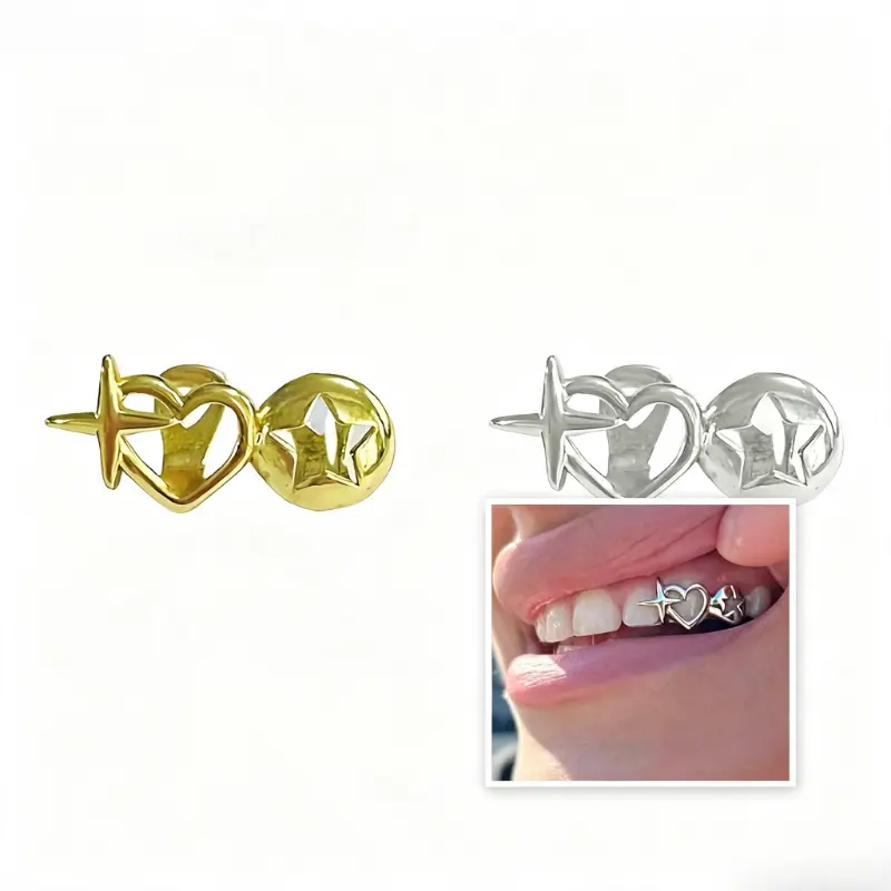 Hip Hop Hollow Heart & Star Teeth Grillz, Fashion Decorative Dental Accessory, Stylish Tooth Jewelry for Halloween Party Stage Performance for Hip Hop Lovers & Costume Enthusiasts