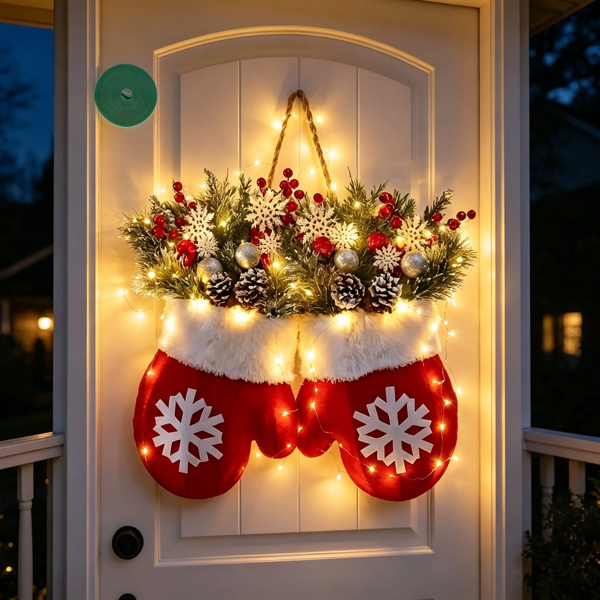 Ponqiko Art Deco Plastic Composite LED Twinkling Christmas Wreath with Artificial Pine, Red Berries, Pine Branches & Plastic Mitten - Festive Style Wreaths, Garlands & Swags, Artificial Leaves Decor - Front Door, Wall Use, Artificial Leaves Wreaths, Garla