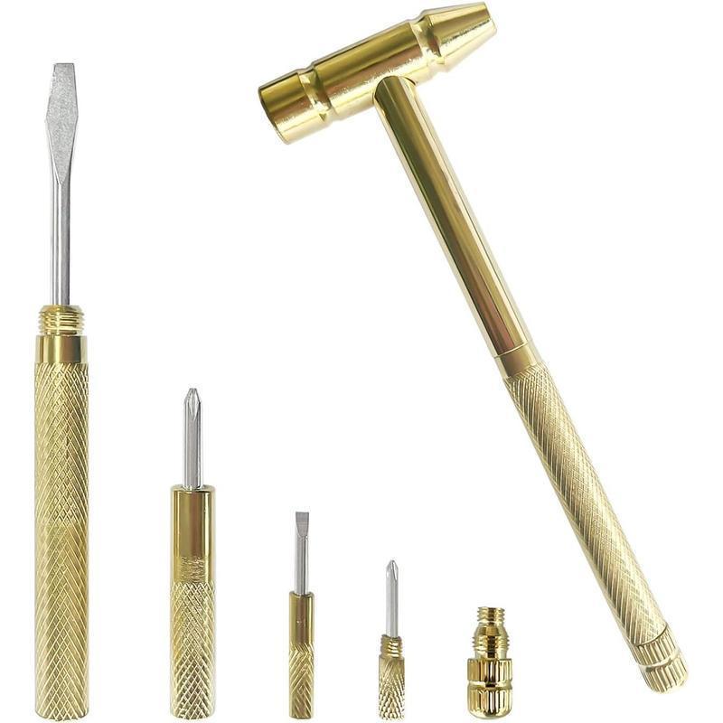 [Holiday Haul] 6 In 1 Mini Multifunction Anti-corrosion And Anti-rust Copper Hammer & Hand Tools For Repair Uav Mobile Phones Laptops Watches(yellow)