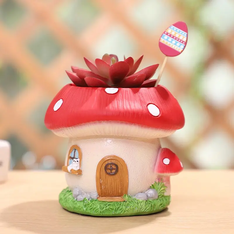 Cute Mushroom House Flower Pot, 3D Cat Window Design, Drainage Hole, Air-Permeable, Mini Plant Grower, Desktop Balcony Decor
