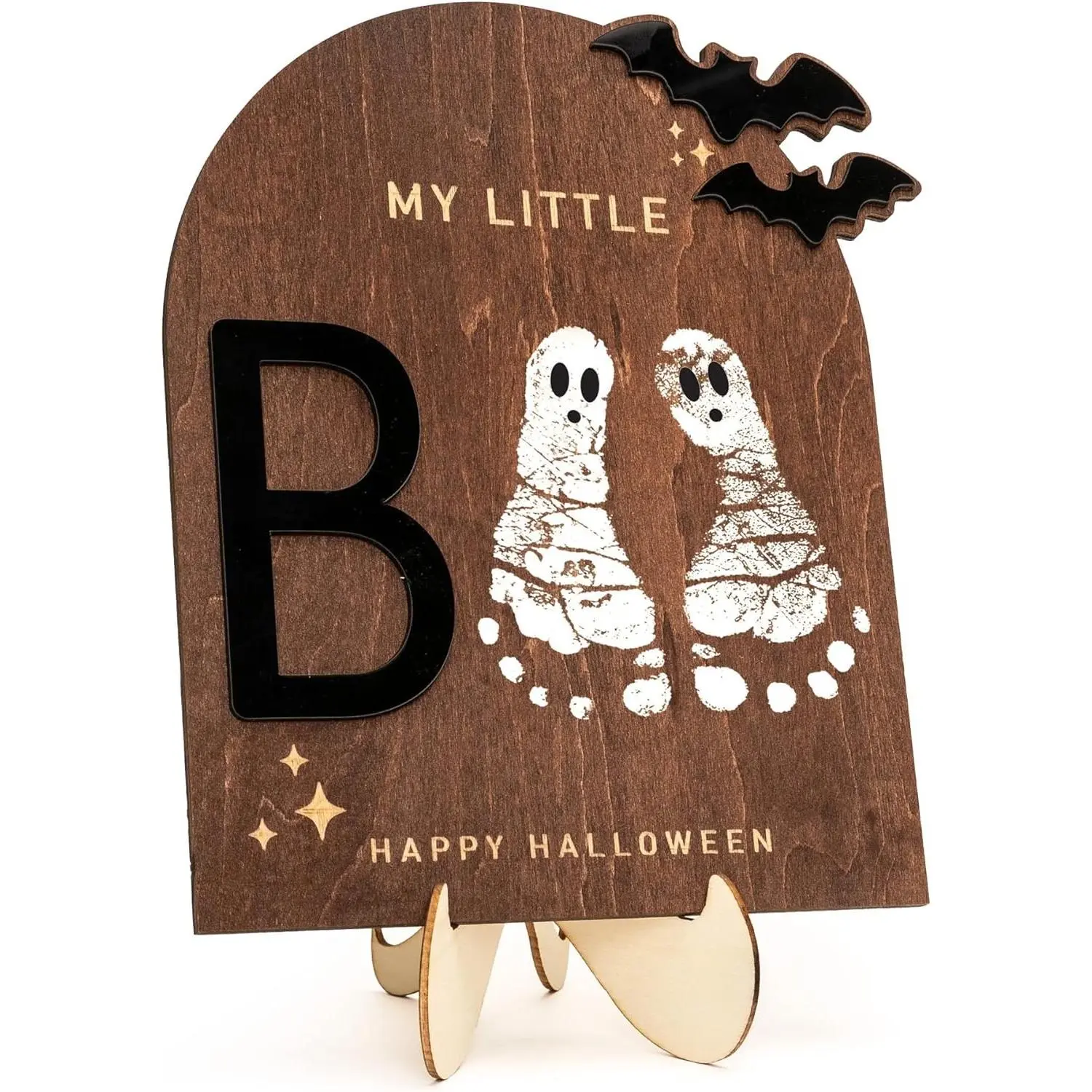 Wooden Halloween Sign – Baby Footprint Ghost Keepsake Plaque – Happy First Halloween Nursery Décor – Rustic Wooden Tabletop Sign for Newborn. Halloween baby