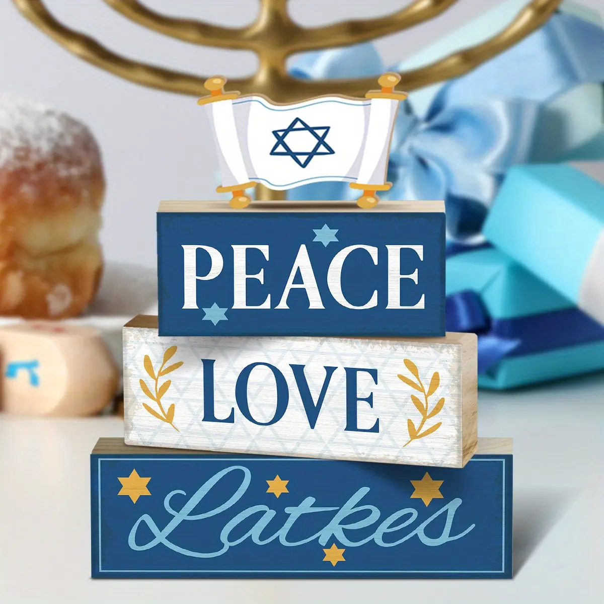 4Pcs Jewish Hanukkah Wooden Centerpieces, Tabletop Decorations for Family Gatherings. Designs feature Star of David, Menorah and Dreidel with "Happy Hanukkah" Lettering, Rustic Wooden Sign Ornaments