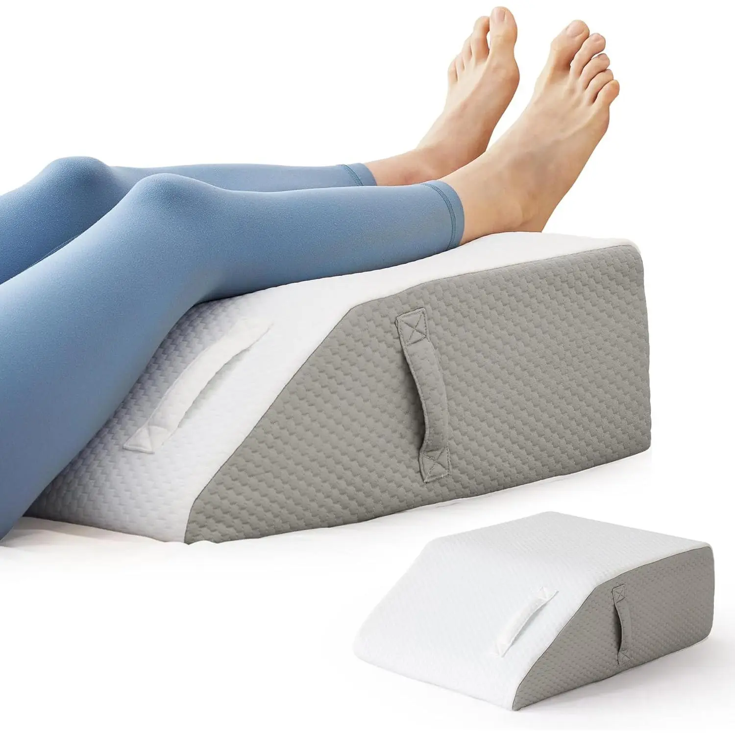 Leg Elevation Memory Foam Wedge Pillow Improve Blood Circulation, Leg Elevating Pillows for After Surgery Sleeping, Relieve Leg Swelling Foot Knee Back Pain, 23.6×16.8×8in, White/Grey