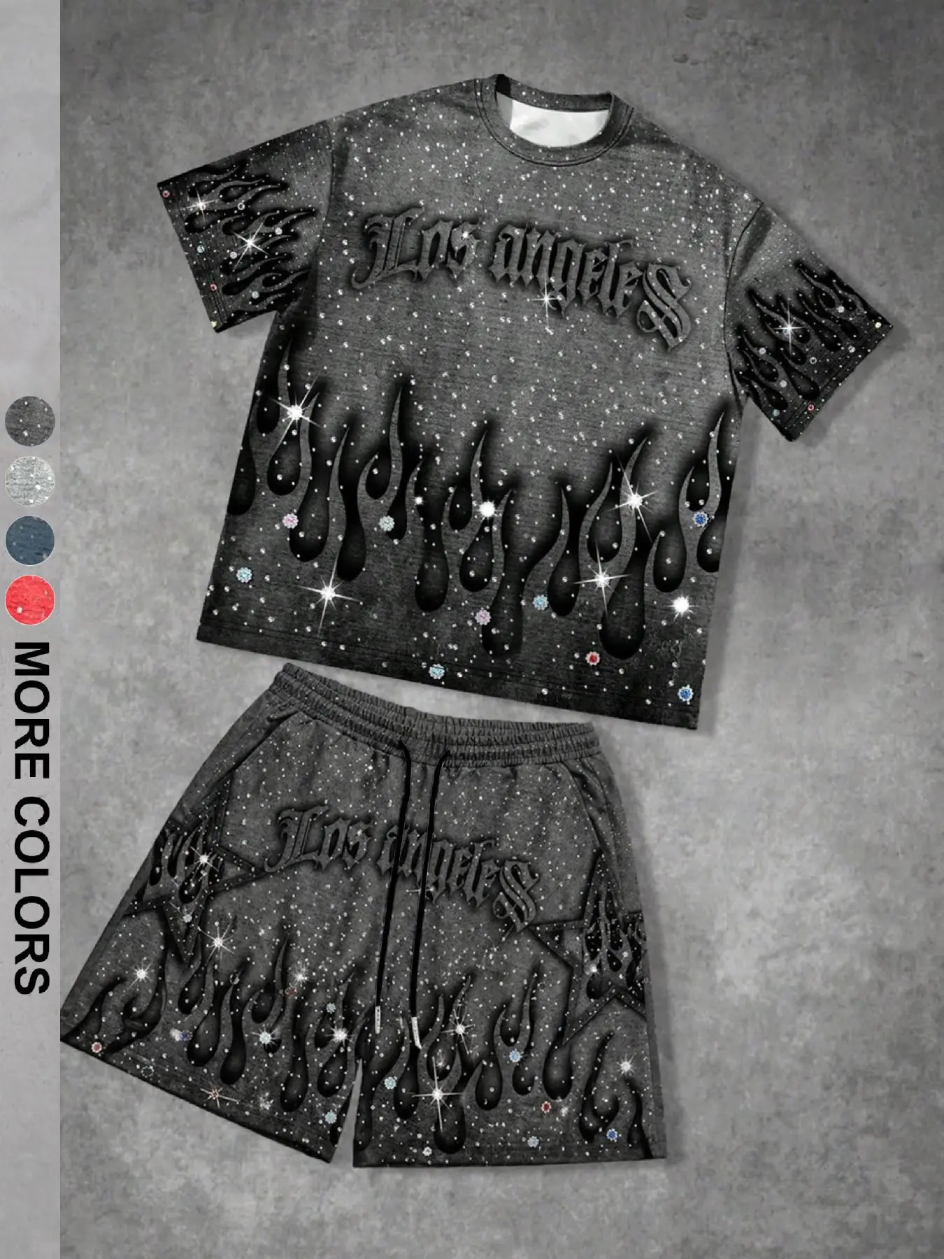 Men's Y2K Dark Grunge Rhinestone Flame Print T-Shirt & Shorts Set | Black Vintage Washed Loose Fit 2-Piece | Streetwear Matching Outfit for Daily & Street Style