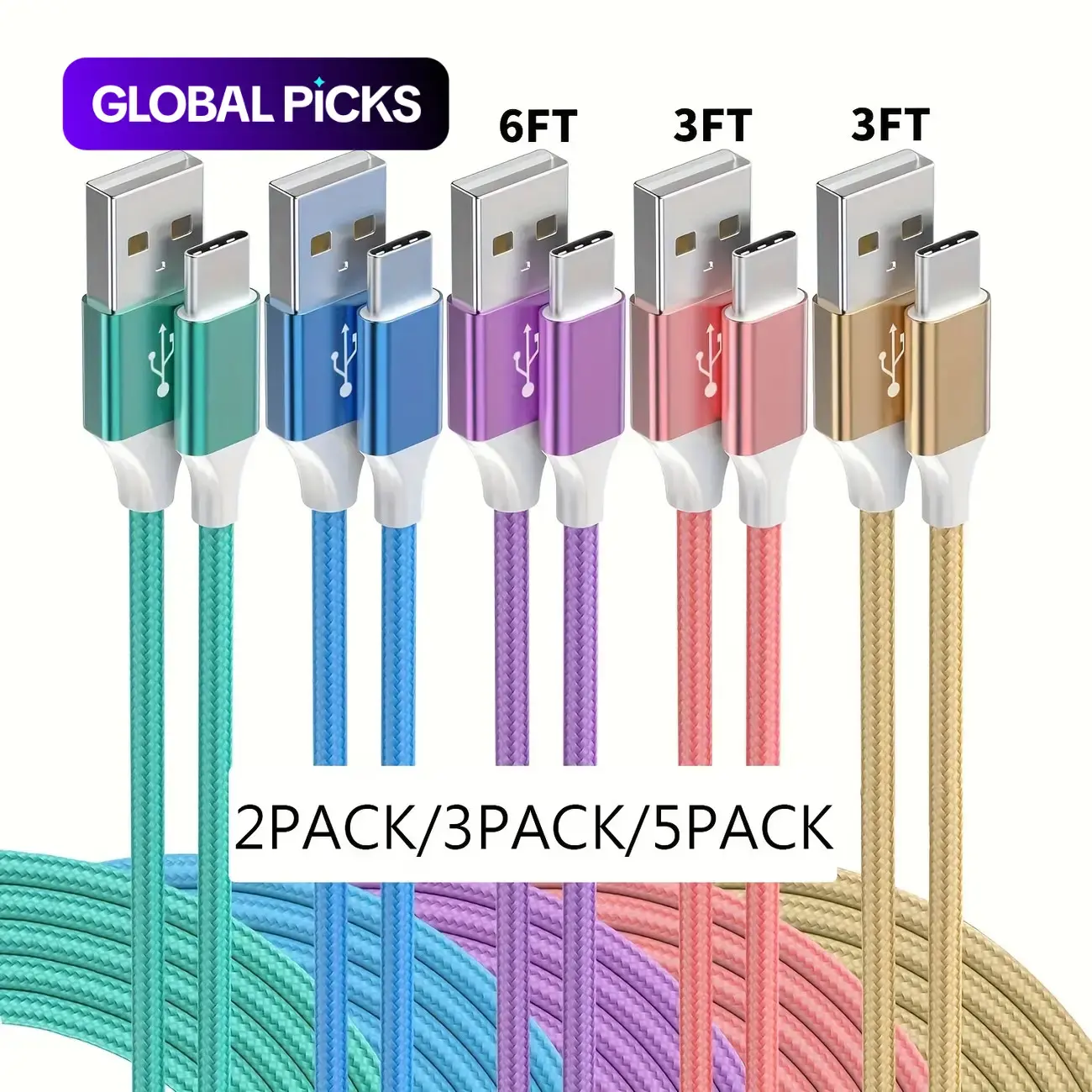 2-Pack/3-Pack/5-Pack USB-C Super Fast Charging Cable, High-Speed Data Transfer Nylon Braided Charger Cord Set, Data Sync Cable for Samsung 20, HUAWEI, Xiaomi, and Android Type-C Smartphones #GLOBAL PICKS