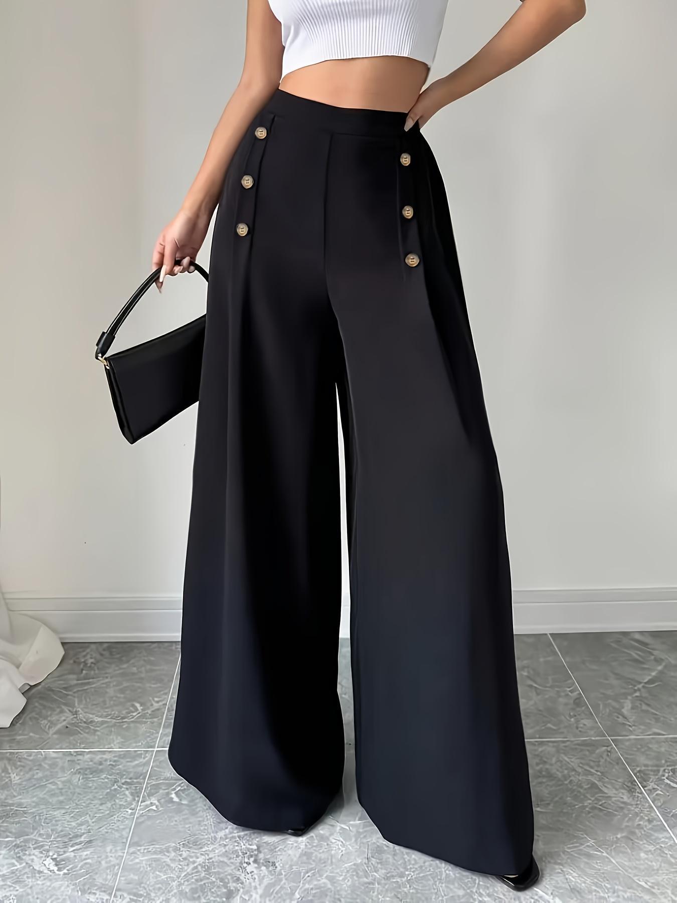 Women's Solid Color Button Decor Wide Leg Pants, Basic Casual High Waist Comfy Trousers for Work Office Business, Ladies Casual Fitted Bottoms for All Seasons
