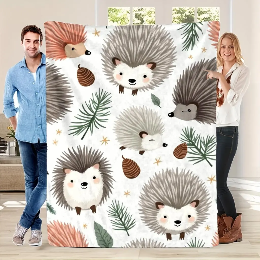 Cozy Hedgehog Print Flannel Throw Blanket |   Soft Beige Brown White Bedspread With Cute Hedgehog & Pine Cone Design, Lightweight All-Season Bed Cover, Machine Washable, Polyester, Non- Fabric