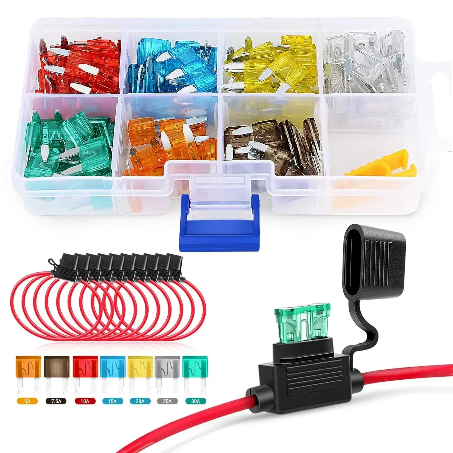 Nilight 120Pcs Plastic Mini ATM/APM Blade Fuse Kit with 10-Pack 14AWG Inline Fuse Holder - 5,5a,7.5,10,10a,15,20,25,30,30a Ratings, Easy Install & Easy Store, Polyamide Overload Protection for Cars,Trucks, Car, Trucks, Boats, Easy Install And Easy Store