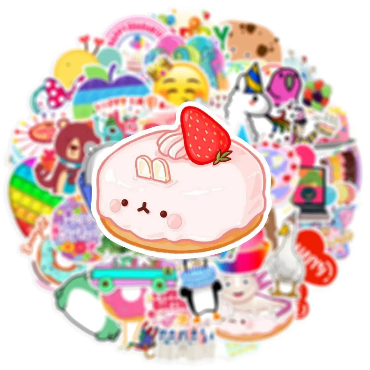 50Pcs Cartoon Birthday Cake Stickers Fun Party Designs for Wrapping Invitations Cards DIY Decoration Creative Decals