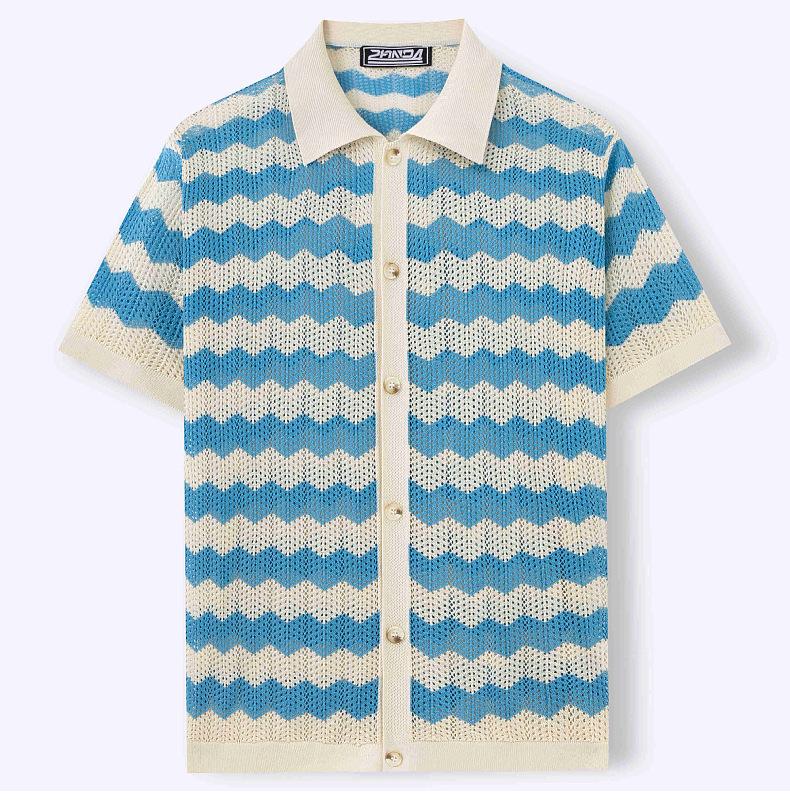 Men's Vintage Hong Kong Style Wave Pattern Hollow Knit Shirt with Turn-down Collar, Summer Short Sleeve Casual Polo Shirt