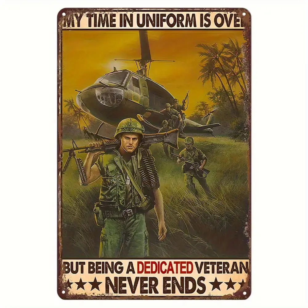 2D Flat - 1pc 8X12 Inch/20Cm*30Cm 2D FLAT PRINTINTG Vintage Military Wall Art Sign- "Committed to Being A Loyal Without End" Soldier Battlefield Scene with Helicopter& Palm Trees, Patriotic Lawn& Indoor Decor for Veterans Day, Father'S Day