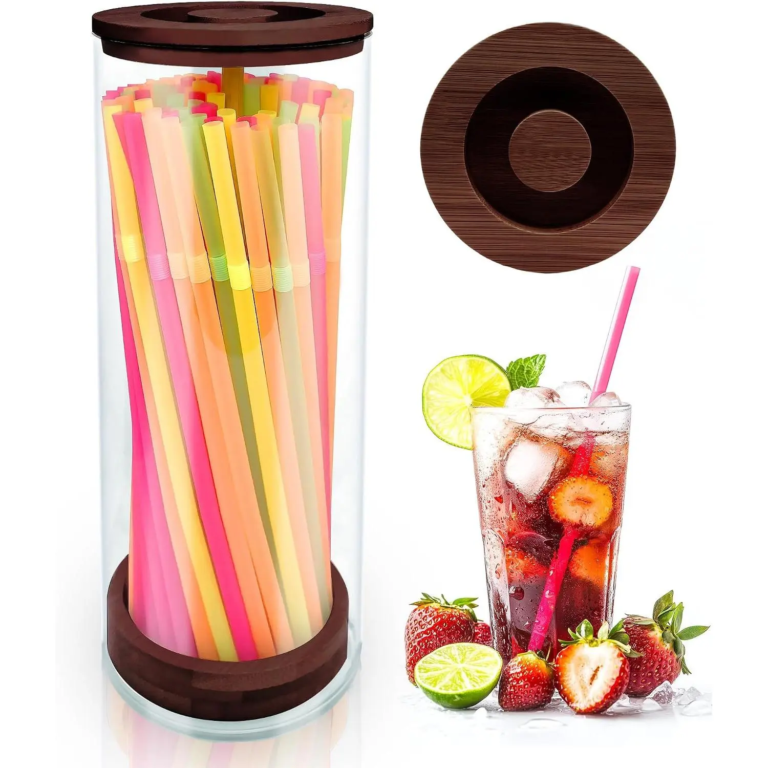 10-Inch Straw Holder Dispenser for Counter,Straw Dispenser with Bamboo Lid |   Acrylic Straw Organizer Includes 100 Straws,Transparent Straw Storage Container for Kitchen,Pencils and Silverware