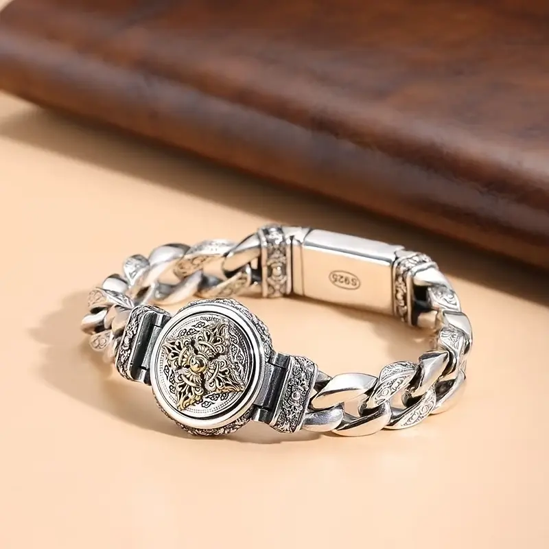 Vintage 2-Tone Rotatable Emblem Men’s Bracelet, S925 Silver-Plated Retro Embossed Curb Chain Bangle, Spiritual Amulet Fashion Jewelry Gift Ideas for Men, Two Tone