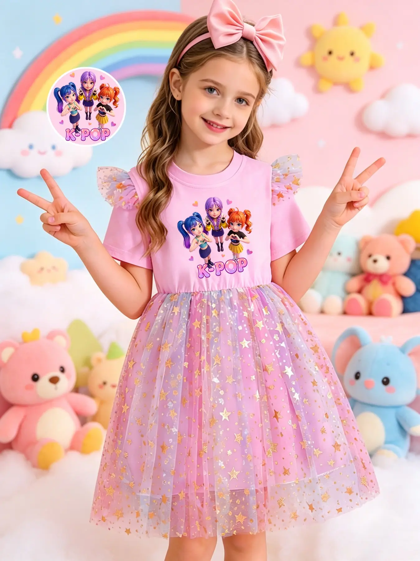 Kpop Girls' Fashion Dress, Little Girl Dress, Short Sleeve Princess Dress, Gradient Gold Stars Mesh Dress, Star Glitter Dress for Kids