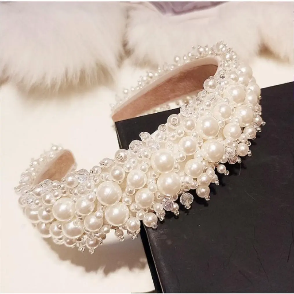 Baroque Pearl Crown Headband, Elegant Korean Style Crystal Hair Hoop, Sparkly Princess Hair Accessory for Daily & Party Occasions