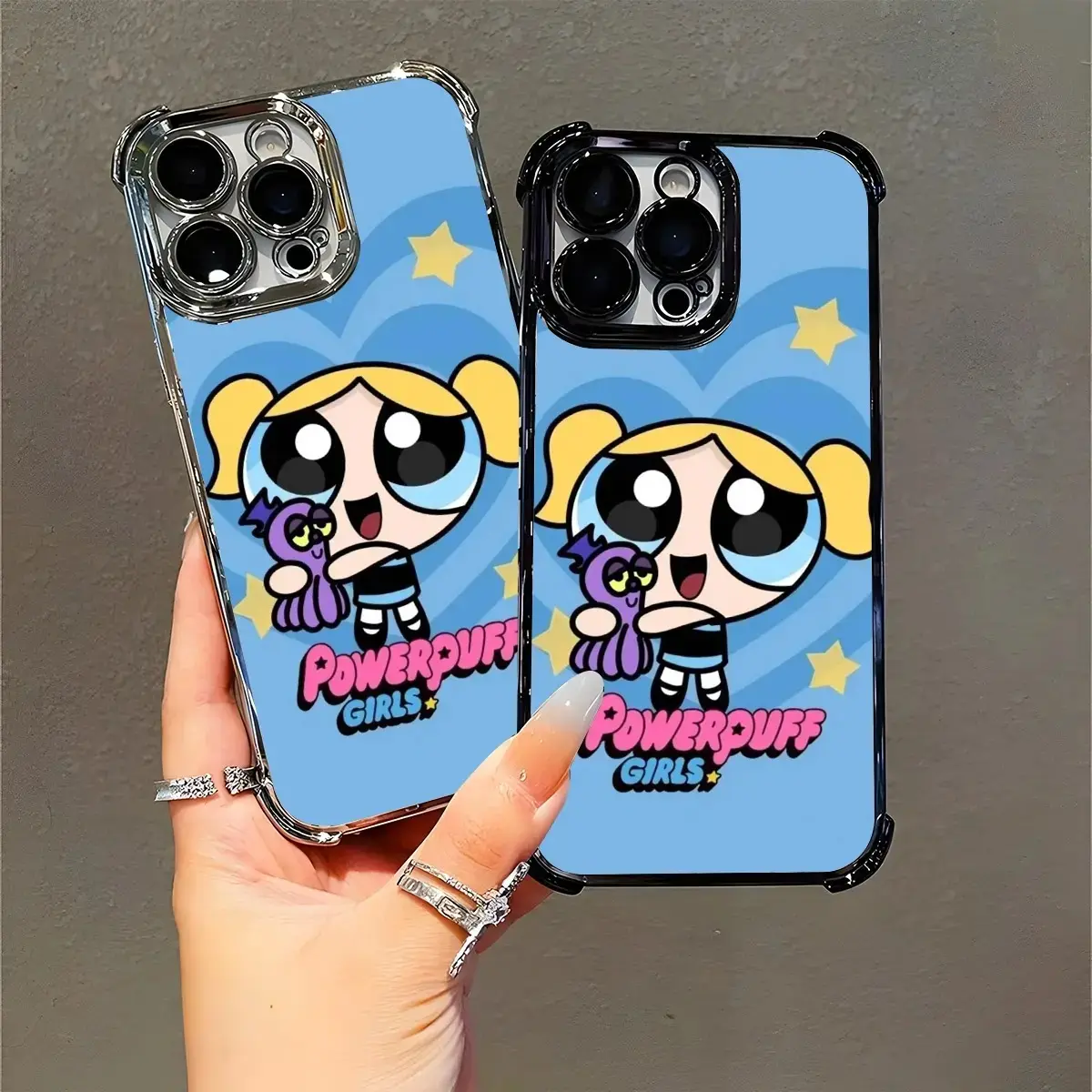 P0werpuff Girls Bubbles Blue Heart Phone Case,Cartoon Nostalgia Aesthetic durable phone Cover,for iPhone 17 16 15 14 13 12 11 8 7 for Samsung Series,TPU Shockproof Four Corner Anti-Fall Phone Case,Transparent Electroplated Protective Cover,perfect gift