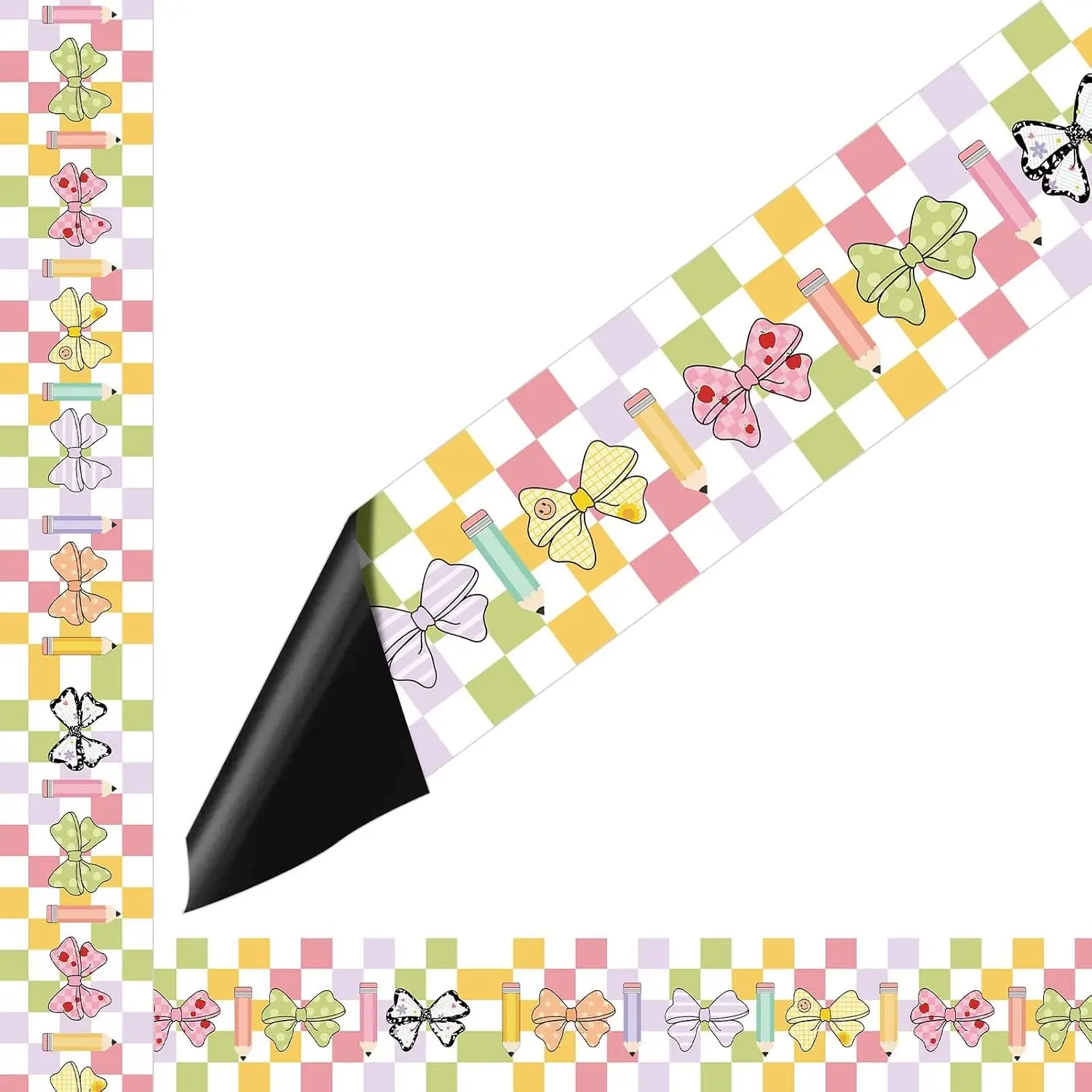 24 count 13.8 x 2.8 Inch Pastel Checkered  Bulletin Board Border  to School Classroom Decor Pastel Checkered Border for Classroom Whiteboard  Bow Bulletin Board Decoration