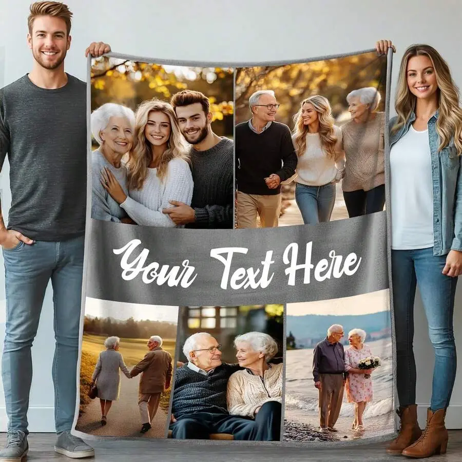    Custom Photo Throw Blanket, Custom 5 Photo Light Grey Family Throw Blanket, Middle Cursive Editable Text Grandparent Parent Memory Flannel Blanket # blankets