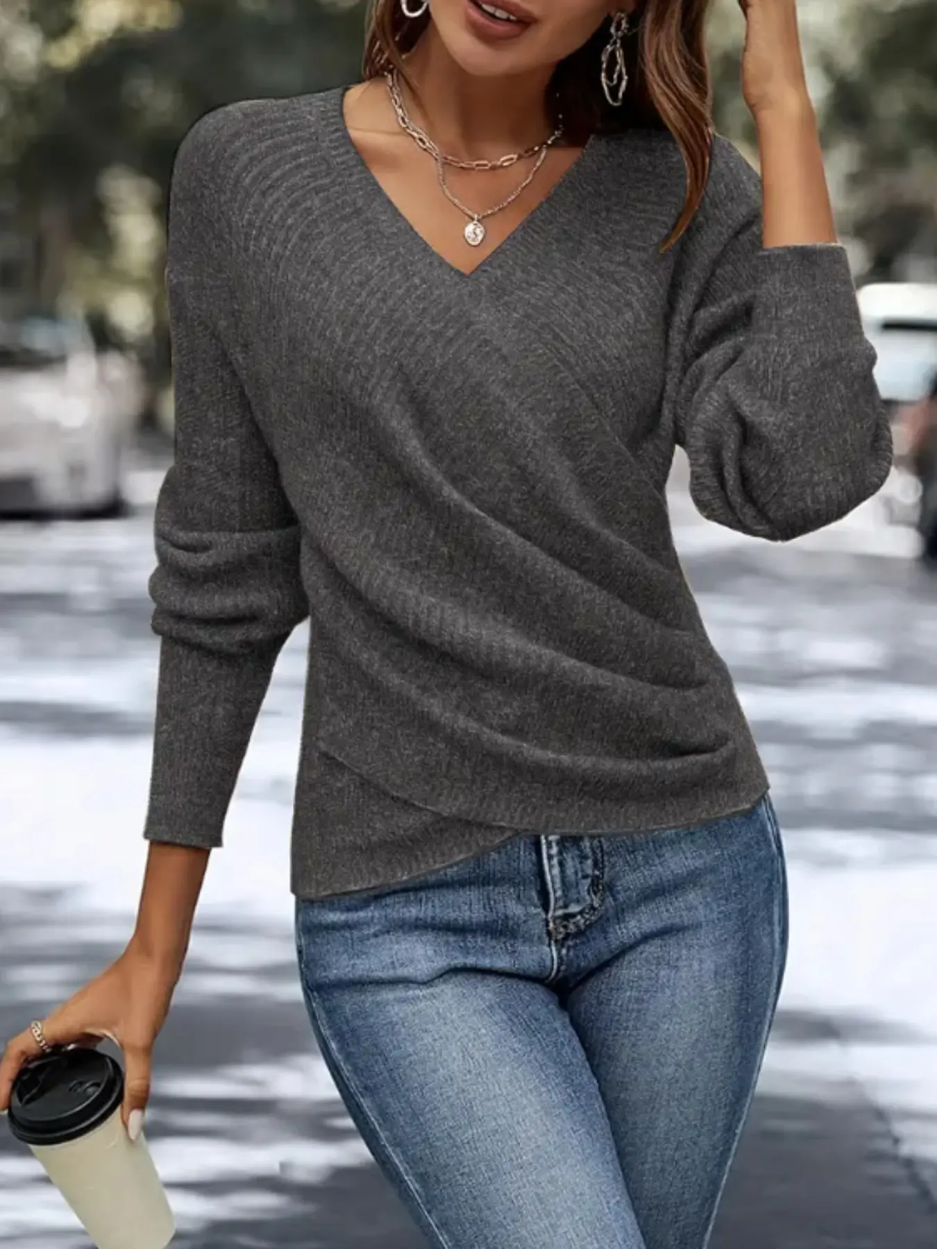 Women Wrap V Neck Knit Sweater, Long Sleeve Twisted Front, Slim Fit Fall Casual Pullover, Jumper Top for Women, Knitwear
