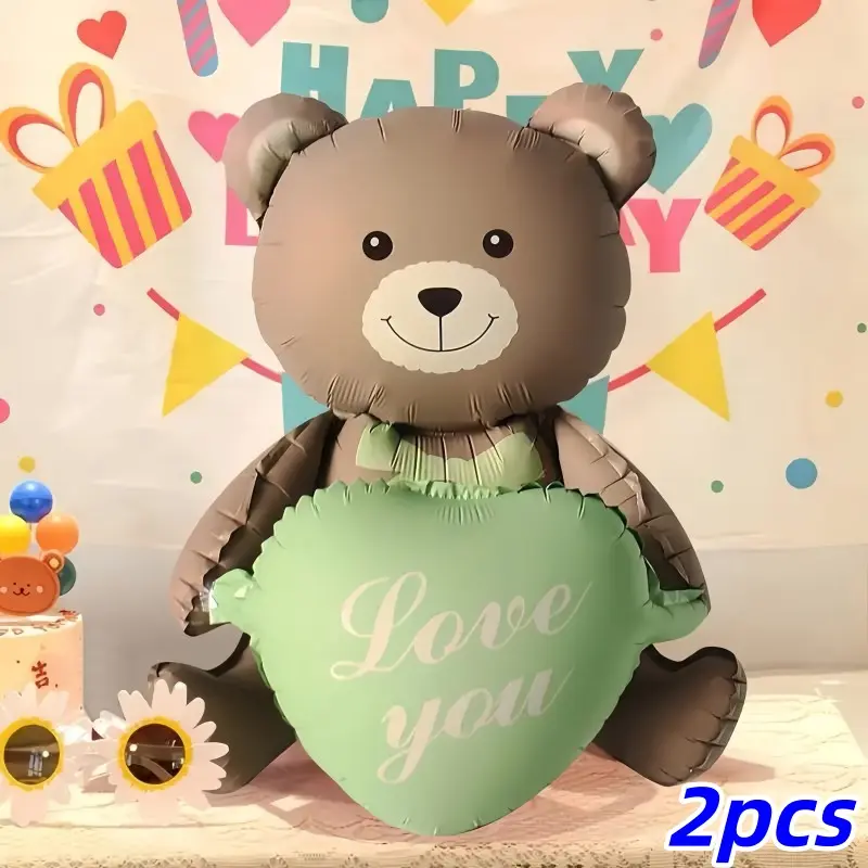 2pcs 42-Inch Teddy Bear Balloons with Heart Design, & Wedding Decor, Valentine's Day Gift, Birthday Party Supplies