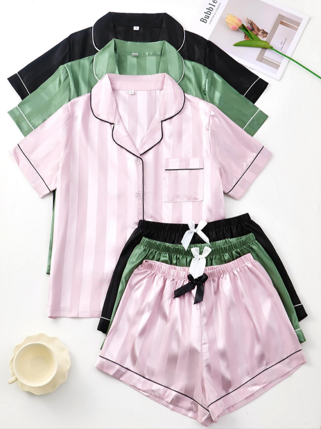 Women's Solid Contrast Binding Bow Decor Pajama Set, Short Sleeve Button Front Lapel Shirt & Shorts Pj Set, Ladies Summer Sleepwear & Loungewear