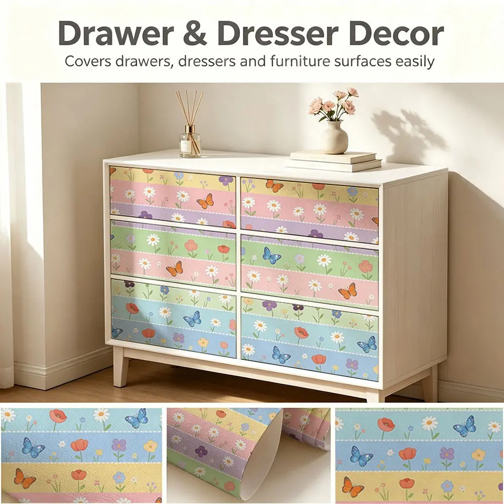 Macaron Stripe Floral Wallpaper, PVC Mould-Proof, Peel-And-Stick, Ideal for Kitchen/living Room/bedroom, Wall Decor, Easy Application