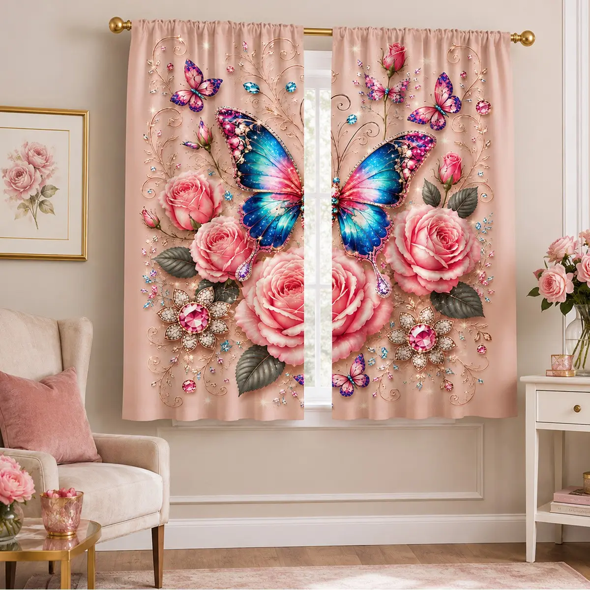Dreamy Butterfly Rose Art Print Curtains 2-Pack, Easy Rod Pocket Installation, Semi-Transparent Privacy Drapes for Bedroom, Living Room, Closet, Study