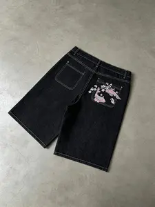 Japanese Style Koi Cherry Blossom Embroidered Denim Jeans Shorts, Unisex Loose Fit Wide Leg Five-Quarter Bottom Pants, American High Street Casual Fashion