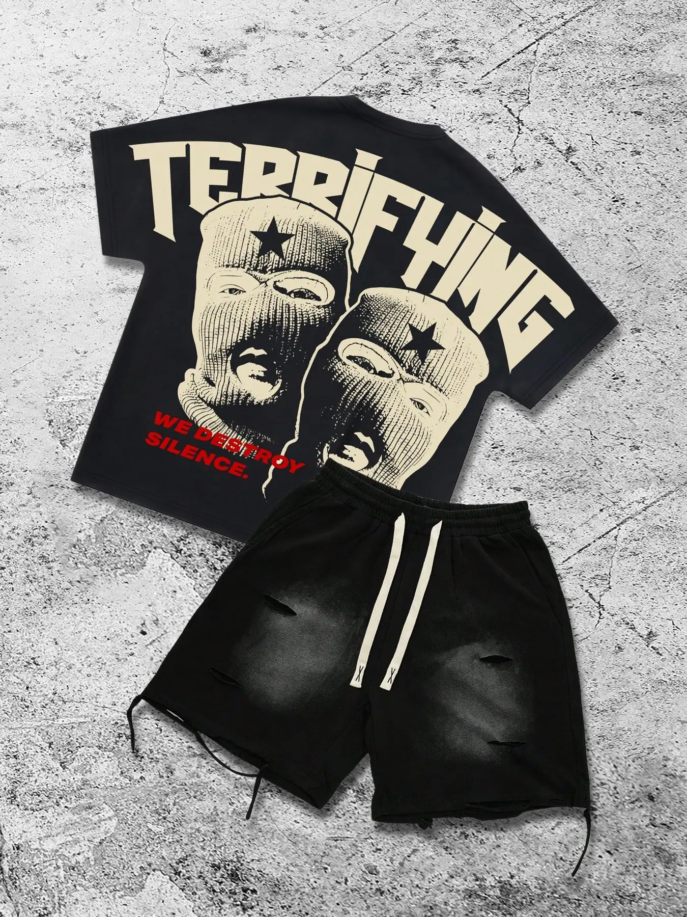 Men's short-sleeved T-shirt and shorts set Casual Clothing Set. Includes a printed crew neck T-shirt and a pair of distressed ripped shorts. The T-shirt features lettering and a stylish fashion streetwear portrait print, suitable for all seasons. Menswear