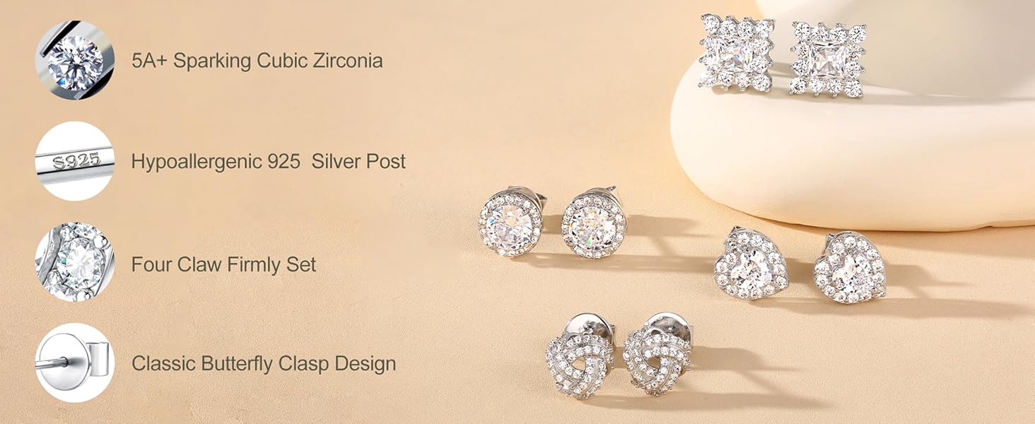 Trendy 4 Pairs Sterling Silver CZ Stud Earrings for Women 14K Gold Plated Brilliant Celtic Heart Big Stud Earrings Set Cubic Zirconia Earrings Studs for Sensitive Ear