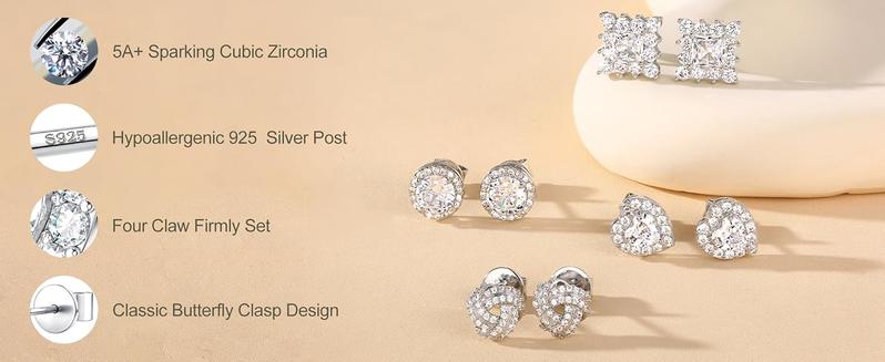 Trendy 4 Pairs Sterling Silver CZ Stud Earrings for Women 14K Gold Plated Brilliant Celtic Heart Big Stud Earrings Set Cubic Zirconia Earrings Studs for Sensitive Ear