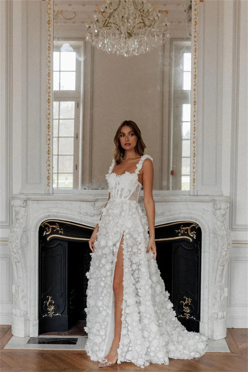 Cathy White 3D Flower Prom Dresses Lace-up Back A-line vestidos de noche Elegant Sleeveless Side High Split Formal Evening 2024 Womenswear Comfort