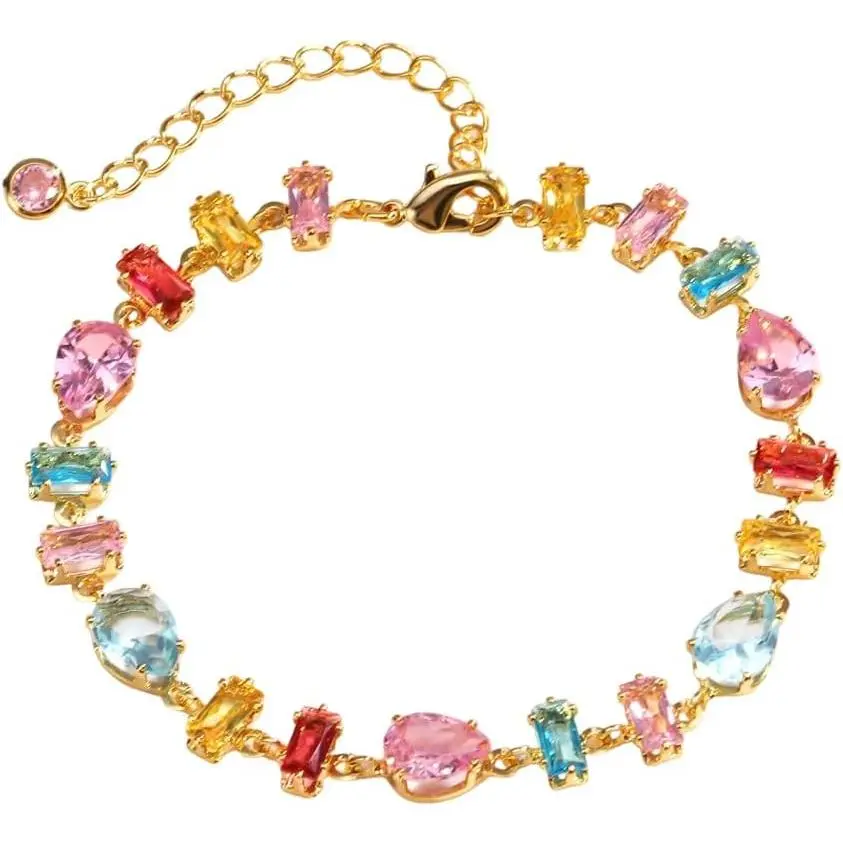 Multicolor Rectangle Teardrop Cubic Zirconia Beaded Link Bracelets Fashion Elegant  Plated Charm Tennis Chain Bracelet Adjustable Chain Fashion Trendy  for Her Bff Party