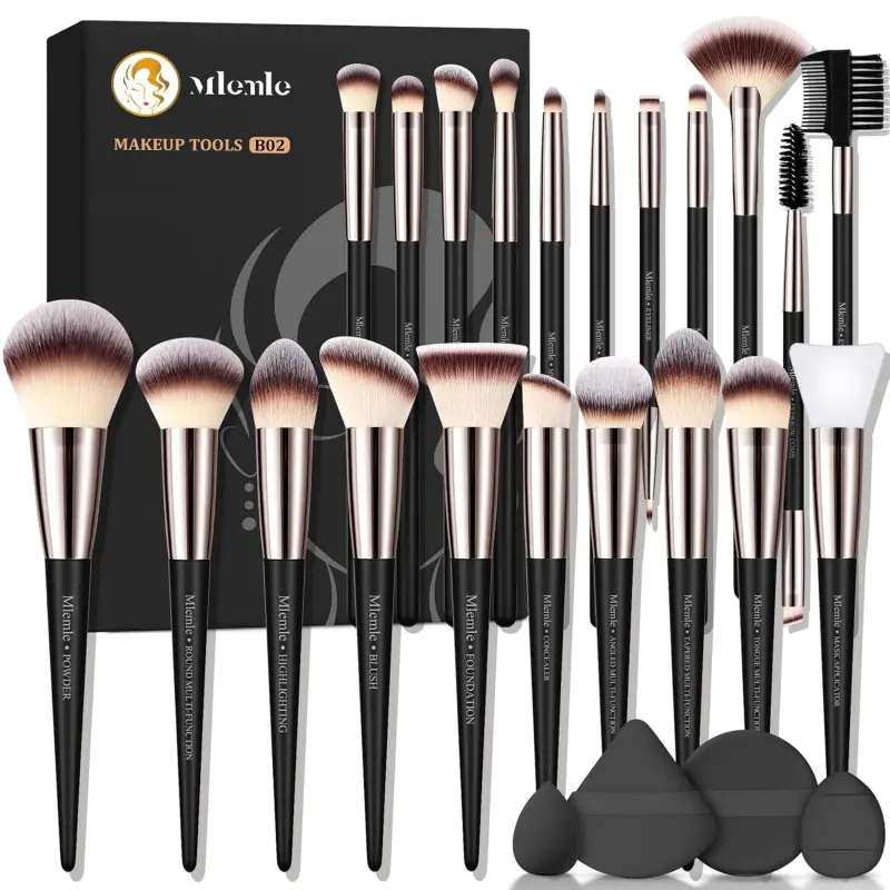 Brushes Set, Mlemle Professional 25 Pcs Makeup Kit, Include Powder Foundation Concealers Blush Eye shadows 21 Pcs Makeup Brushes and 2 Powder Puff, 2 Makeup Sponge(B02-CreamBlack)