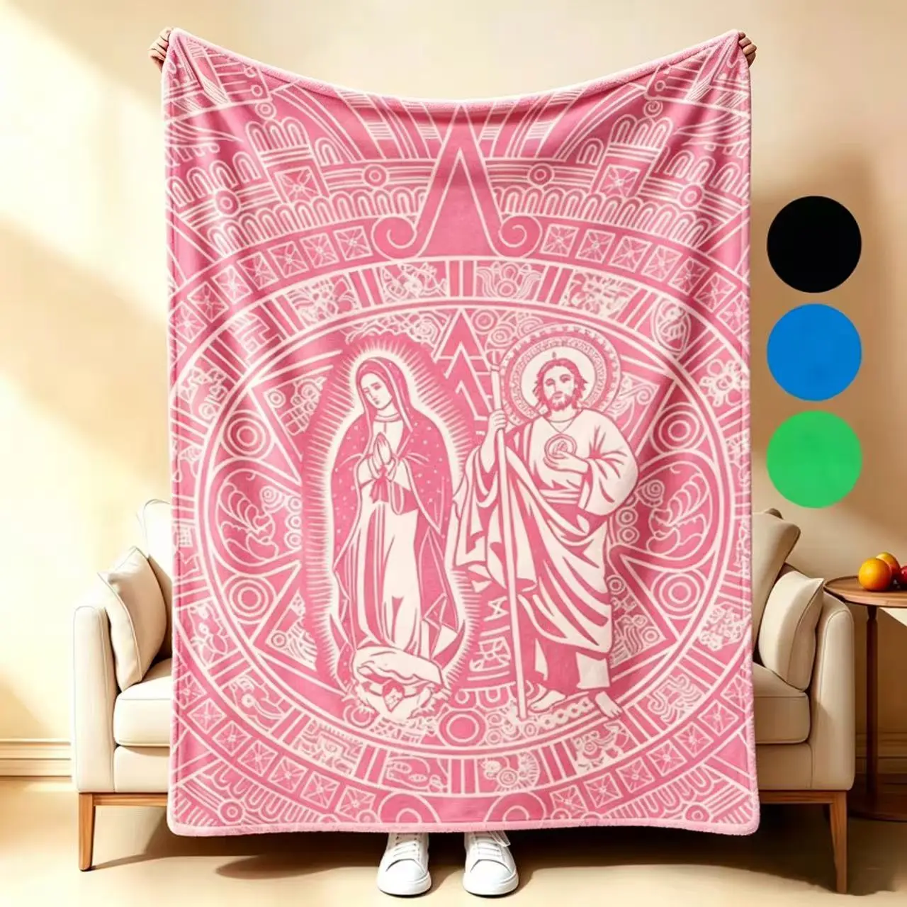 Ultra Soft Flannel Aztec Print Throw Blanket - Pink Virgen de Guadalupe & San Judas Design, Mexican Faith Chicano Culture Decor, Multi-Room Bedding for Bedroom/Dorm, Ideal Latina Religious Gift