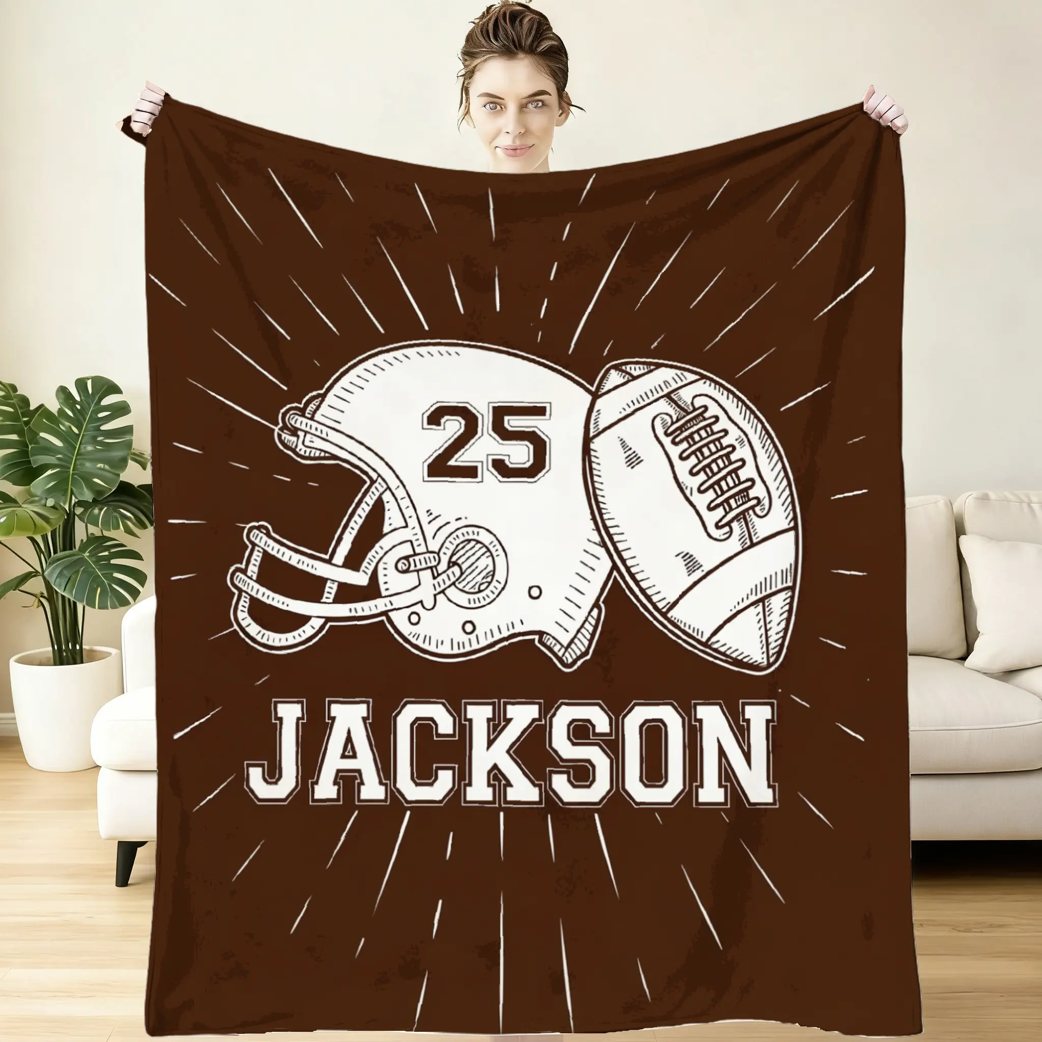 Personalized Baseball Blanket with Name Number, Custom Sports Throw Blanket (Football 3)