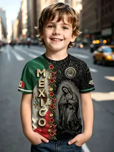 Mexican Flag Virgin Mary Print Kids Short Sleeve T-Shirt, Vintage Ethnic Style Boys Summer Top, Casual Slim-Fitting Clothing