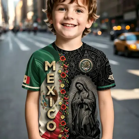 Mexican Flag Virgin Mary Print Kids Short Sleeve T-Shirt, Vintage Ethnic Style Boys Summer Top, Casual Slim-Fitting Clothing, Toddler Graphic Tees
