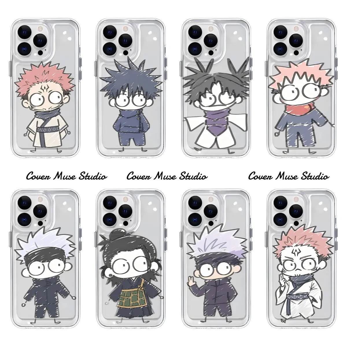 JJK Anime J-Jujutsu Kaisen Cute Chibi Doodle Clear TPU Phone Case for iPhone 17 16 15 14 13 12 11 Pro Max, Funny Anime Character Shockproof Transparent Space Shell, Kawaii Manga Fan Gift