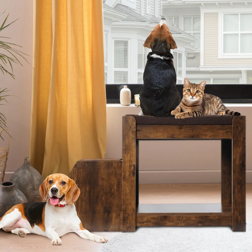Pet Bunk Bed with Removable Step for Dogs and Cats, Multi-Level Bed Window Perch Seat Platform with Cushion and Cat Scratch Pad, Indoor Use, Vintage, Wood, Modern, 19.68" W X 47.25" L X 25.6" H