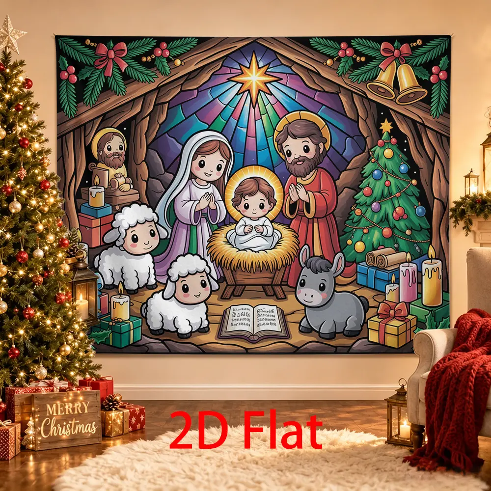 Cute Nativity Christmas Backdrop, Kids Church Photography Background with Manger Scene, Sheep, Donkey, Christmas Tree, Gifts and Candles
