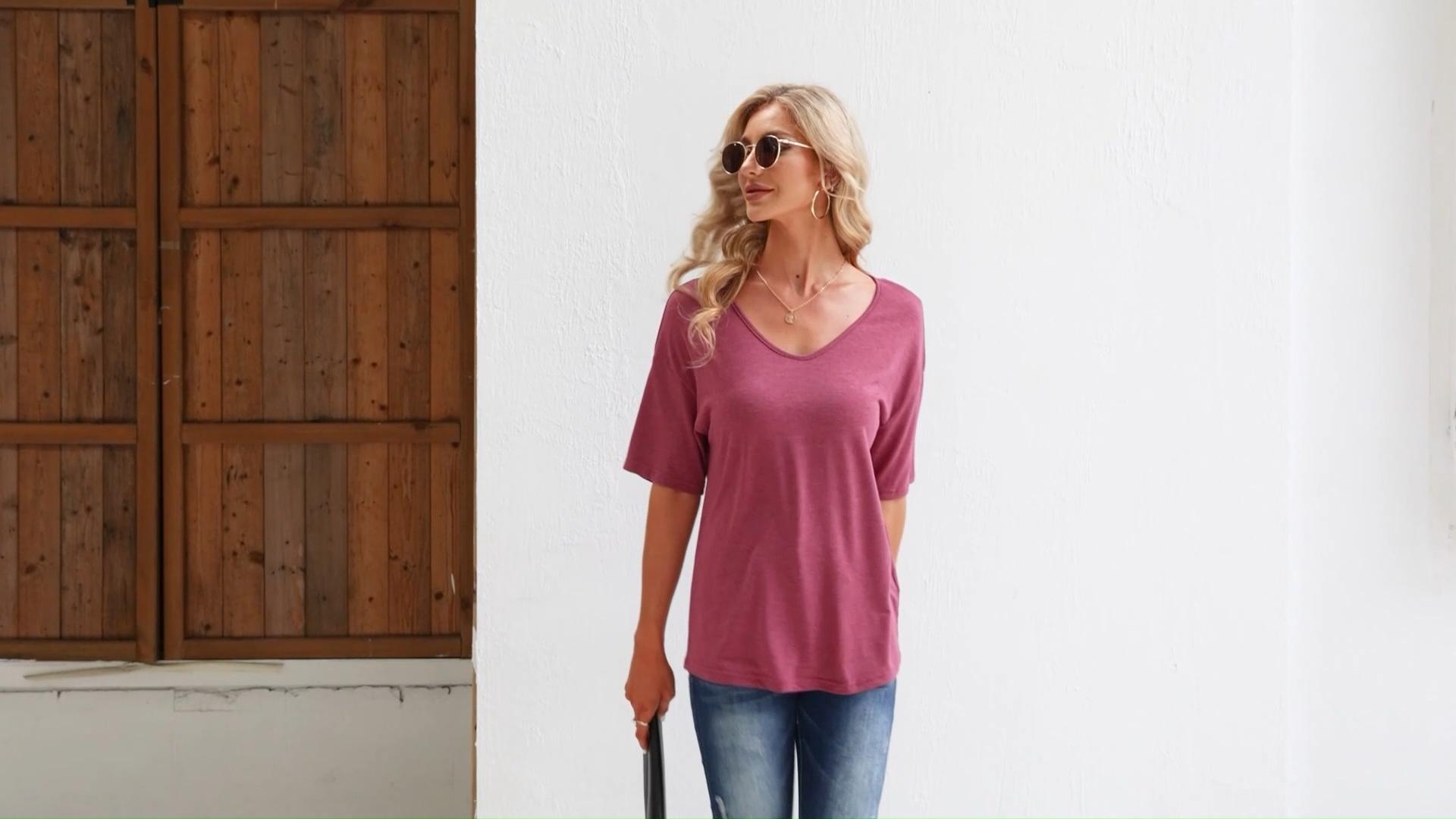 Imily Bela Women Fashion V-Neck Half Sleeves Oversized T Shirt Solid Casual Loose Basic Tops Fabric Summer Womenswear Lightweight Necklace Skinny Style Comfort Streetwear Spandex