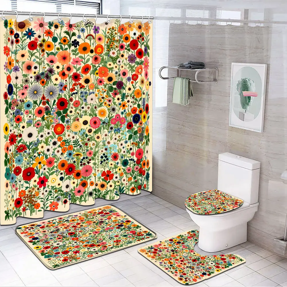1/4-Piece Boho Wildflower Light Nylon Shower Curtain Set, Retro Multicolor Botanical Bathroom Decor, Vintage Bright Floral Waterproof Hanging Bath Curtain, Cover, Photo