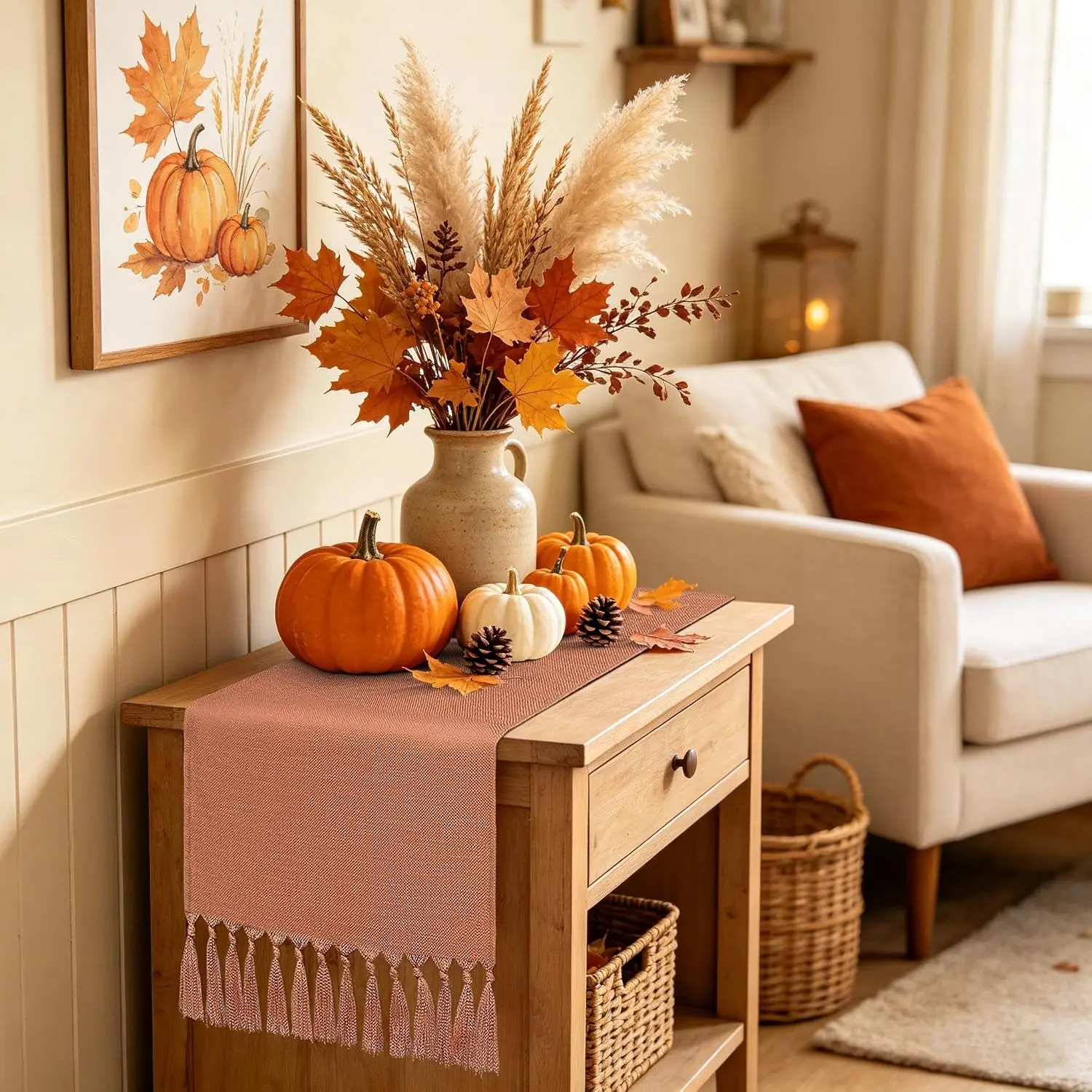 Terracotta Fall Table Runner 36 Inches - Boho Short Table Runner for Nightstand, Small Coffee Table, Orange Dresser Scarves for End Table, Bedroom, Autumn  Decor