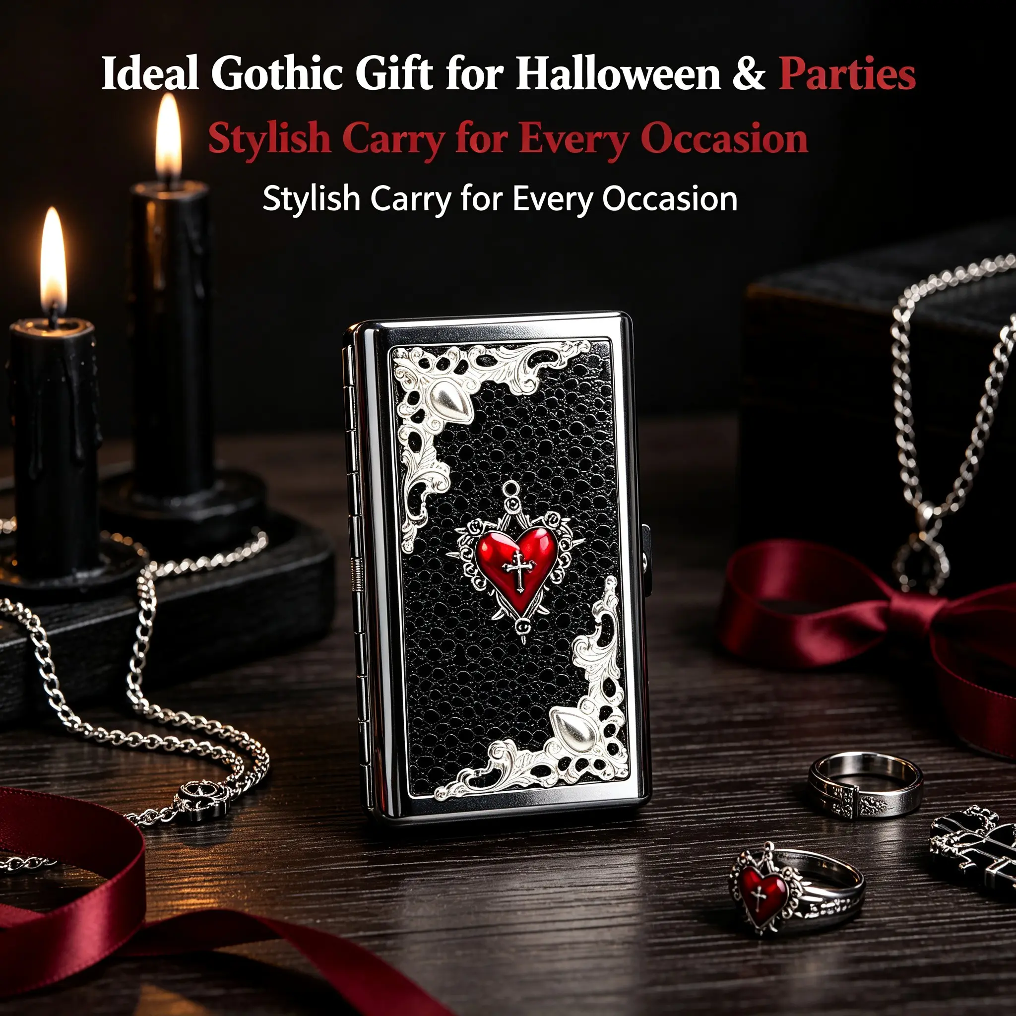 Hand Carved Gothic Dark Metal Flip Cigarette Holder, Portable Dual Size Cigarette Storage Case, Creative Holiday Present For Halloween, Birthday, Thanksgiving And Carnival Party