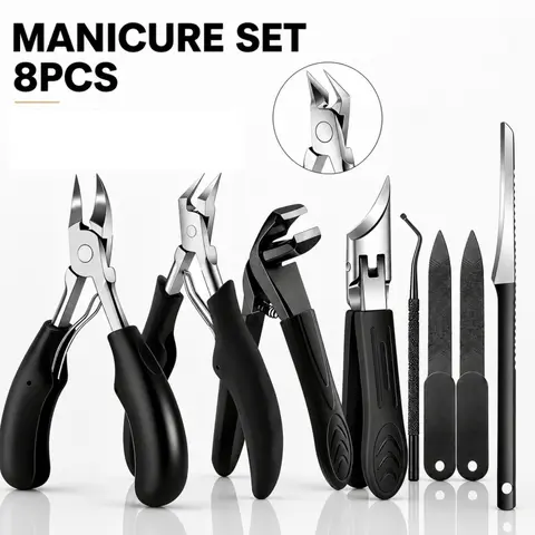 8PCS Professional Stainless Steel Toenail Clipper Set for Thick, Ingrown Nails - Heavy-Duty Nail Care Kit with Angled Clipper, Ingrown File, Toe Care Tools for Seniors, Angled Nail Clipper Pedicure Tool