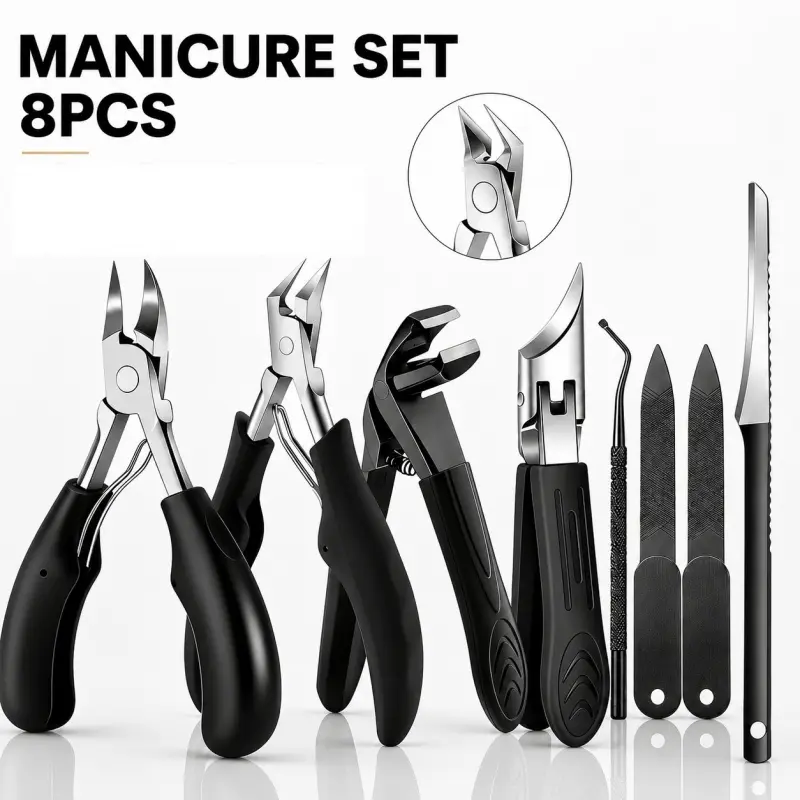 8PCS Professional Stainless Steel Toenail Clipper Set for Thick, Ingrown Nails - Heavy-Duty Kit with Angled Blade, Nail File for Seniors Men & Women