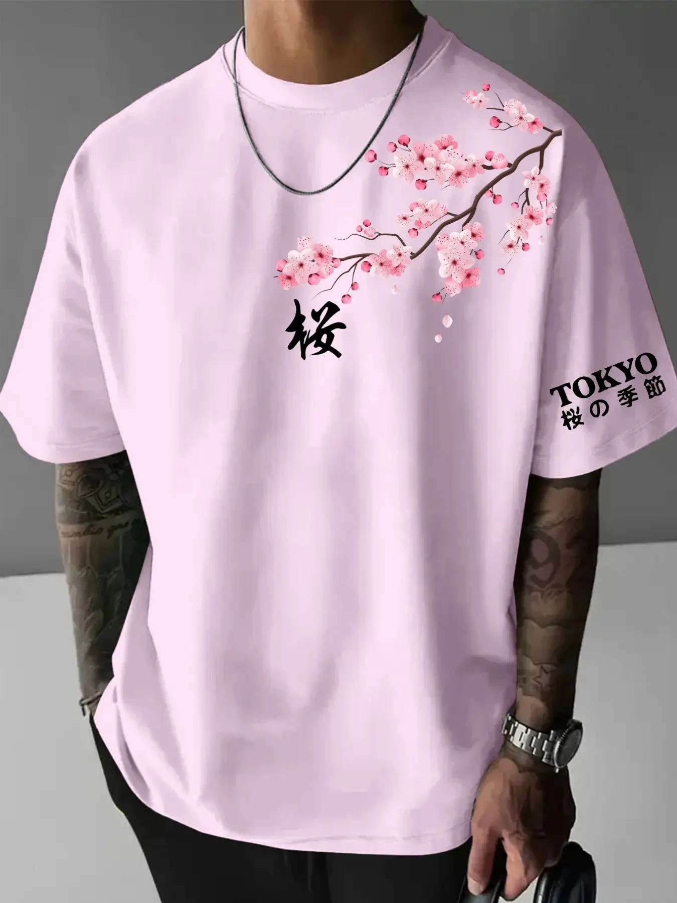 Men Crew Neck Loose Fit Short Sleeve Tees Cherry Blossom Branch Sakura Kanji Tokyo Season Text Chest & Sleeve Dual Position Floral Graphic Print Japanese Oriental Casual Streetwear Tops For Daily Travel Summer Leisure Outfit#trendingtees #viraloutfits