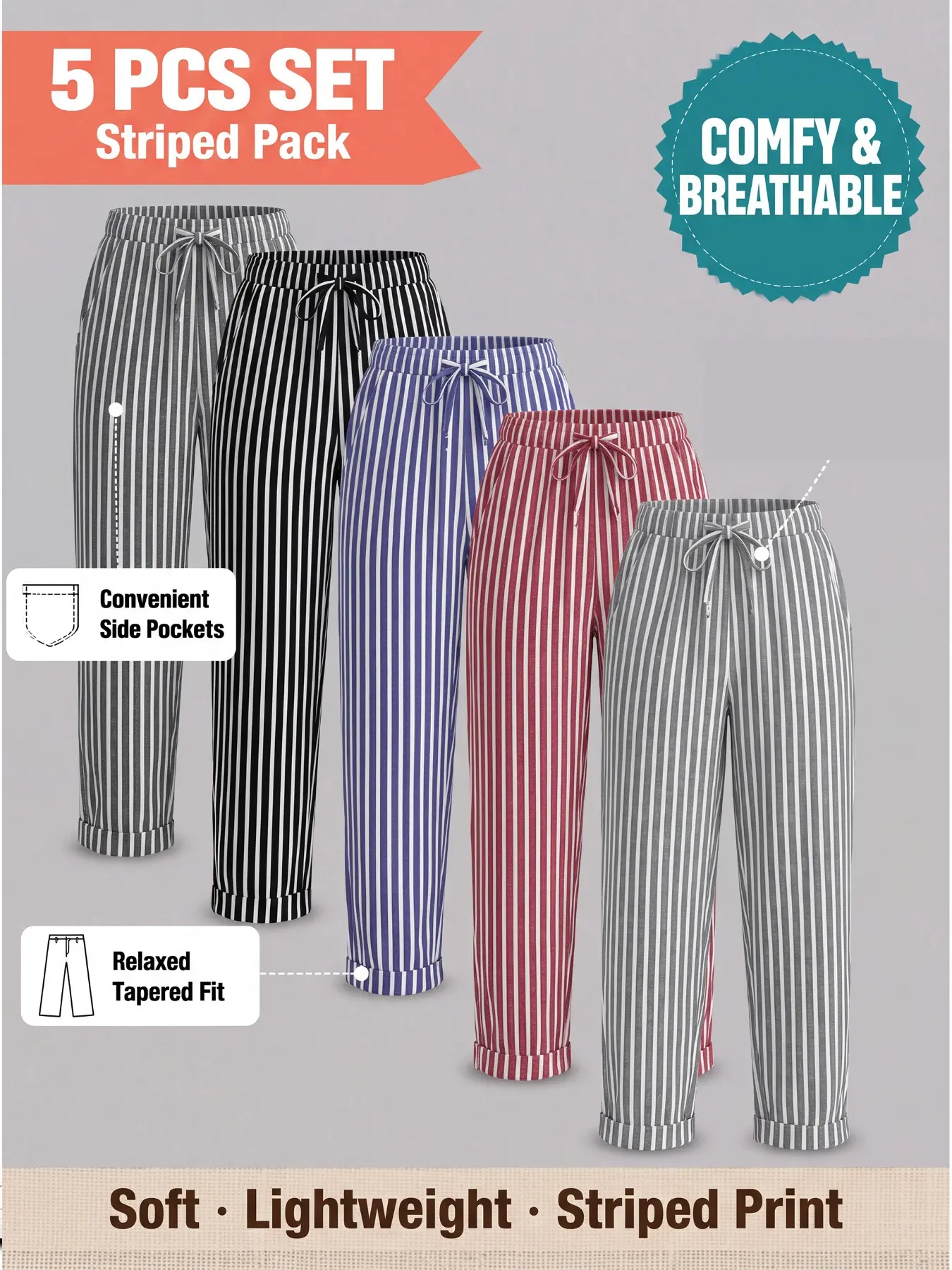 2026 Fall Vintage Striped 5-Pack Cropped Tapered Pants, High Waist Slim Fit, Breathable Joggers, Retro Shades, Streetwear Style
