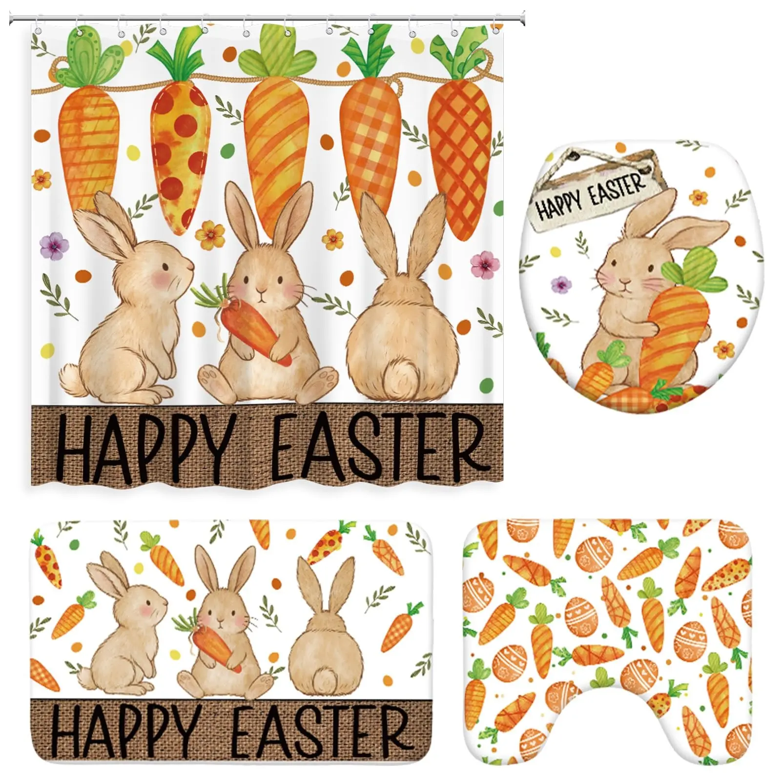 4 Pcs Happy Easter Shower Curtain Set Bunny Carrot Easter Shower Curtain ,waterproof shower curtain set featuring a shower curtain, toilet seat cover, bath mat, and U-shaped toilet seat cover